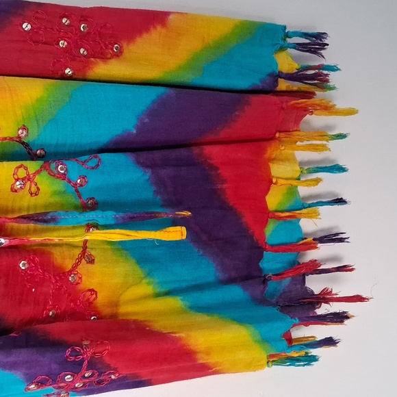 Rainbow Colored,Long,Fringed,Beach Coverup with Embroidered & Rouched Detail๐ - Picture 3 of 15